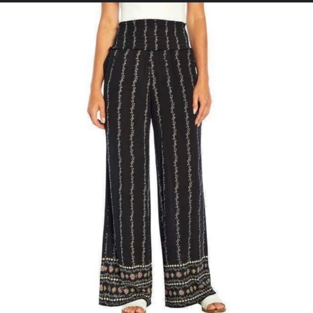 Three Dots Ladies Bohemian Crinkle Pants Black & White wide leg Size SM